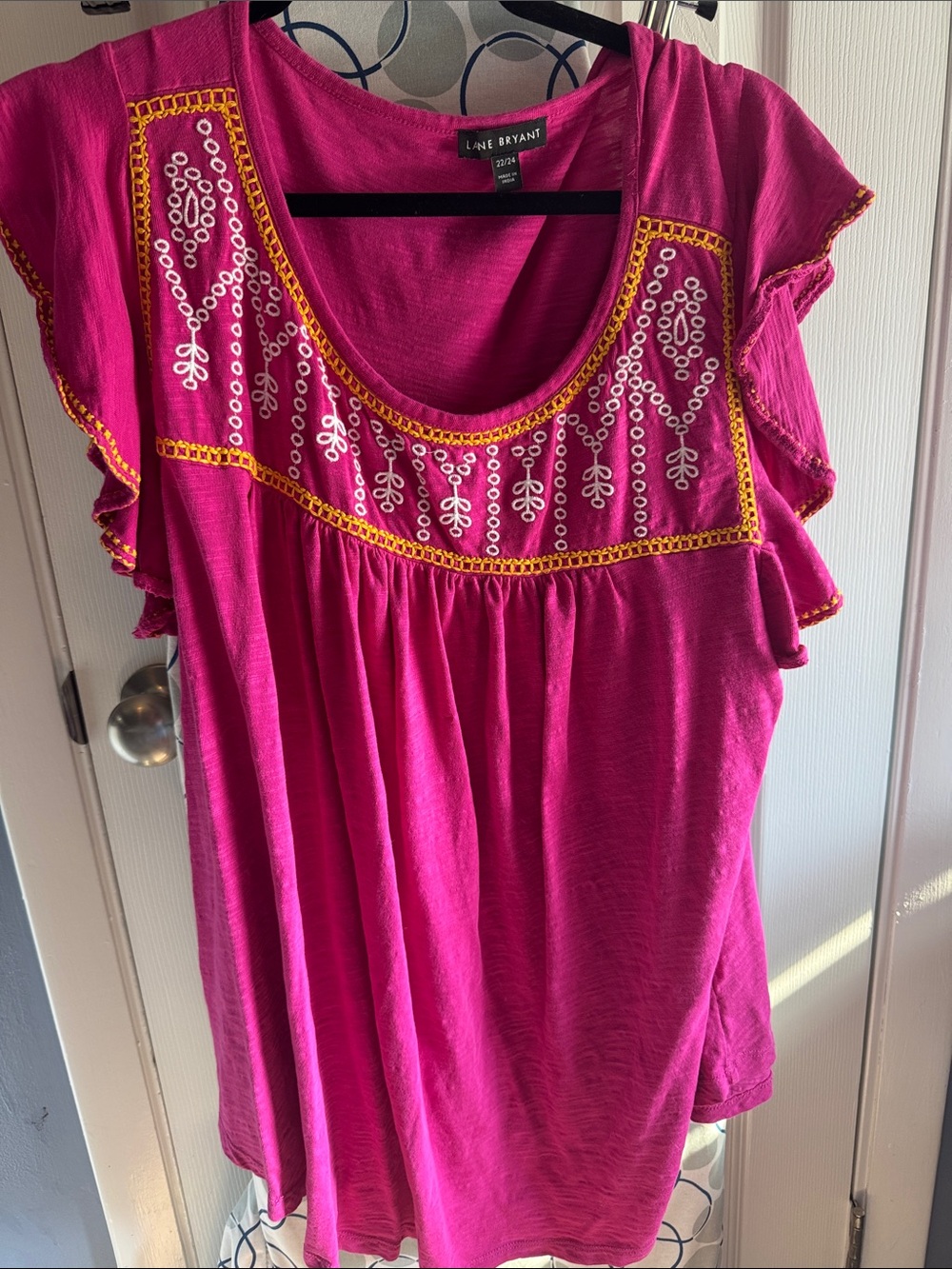 Lane Bryant Hot Pink Embroidered Flutter Sleeve Tunic
